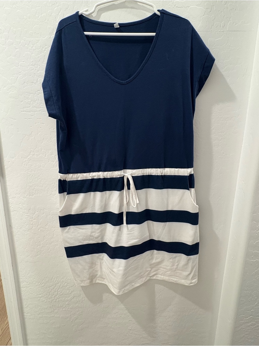 SHEIN Navy and White Striped High-Low Drawstring Dress